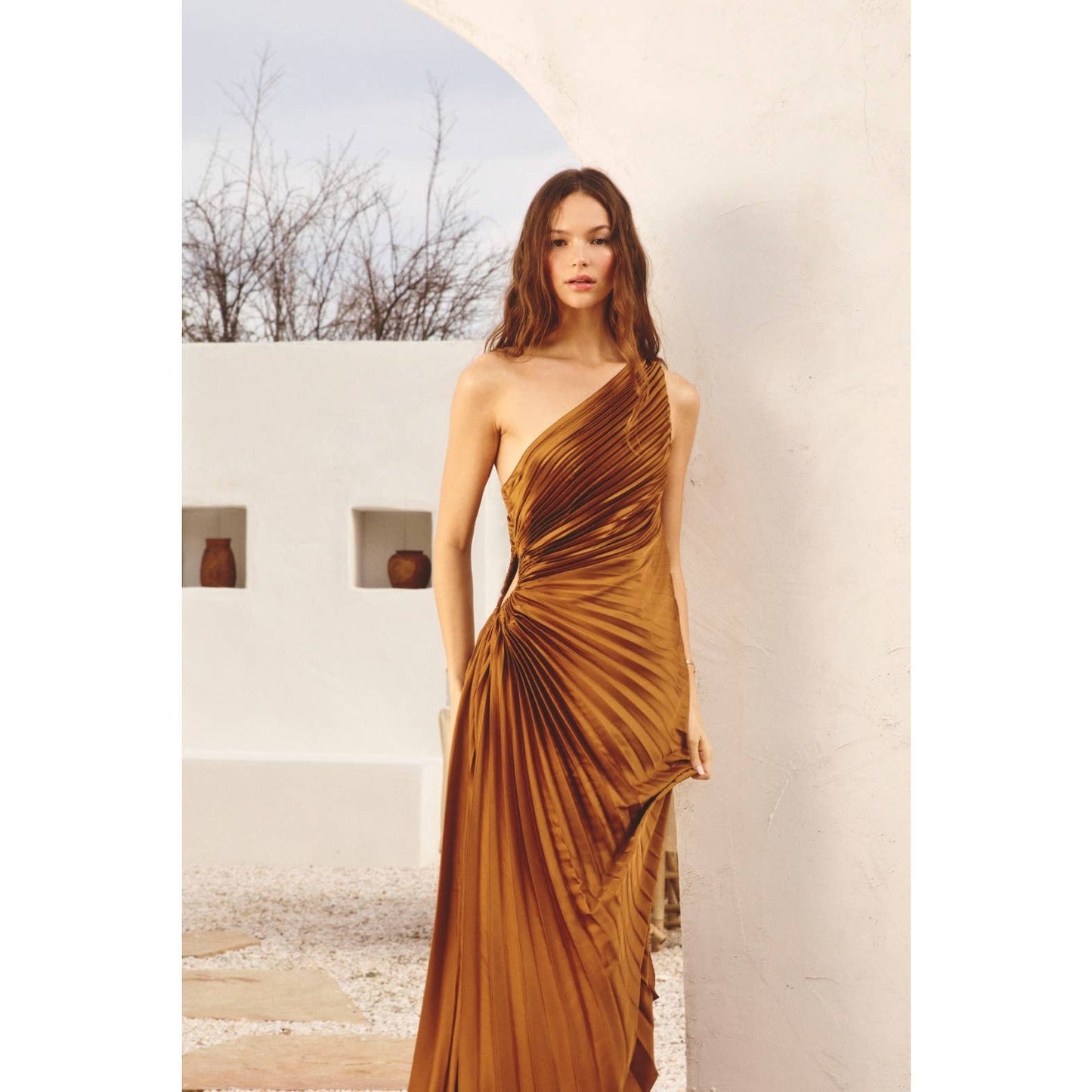 Olympia Asymmetrical Pleated Maxi Dress : BLUE SAPPHIRE
