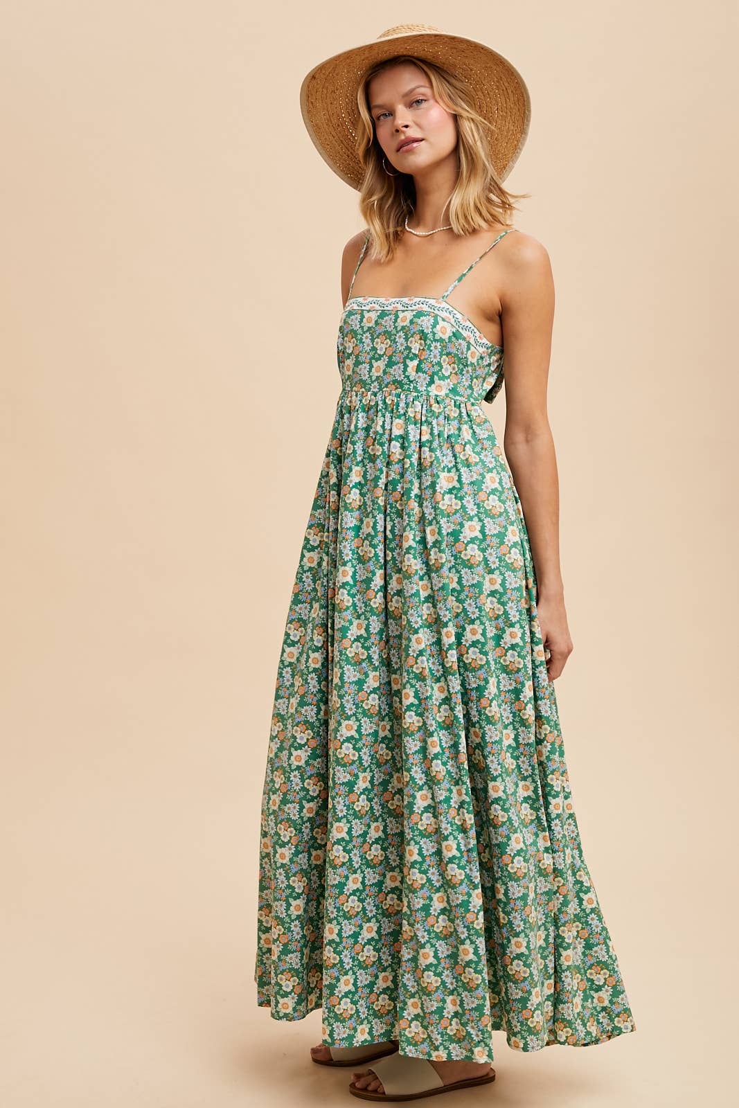 EMBROIDERED COTTON PRINT MAXI DRESS: GREEN FLORAL / ILD5705