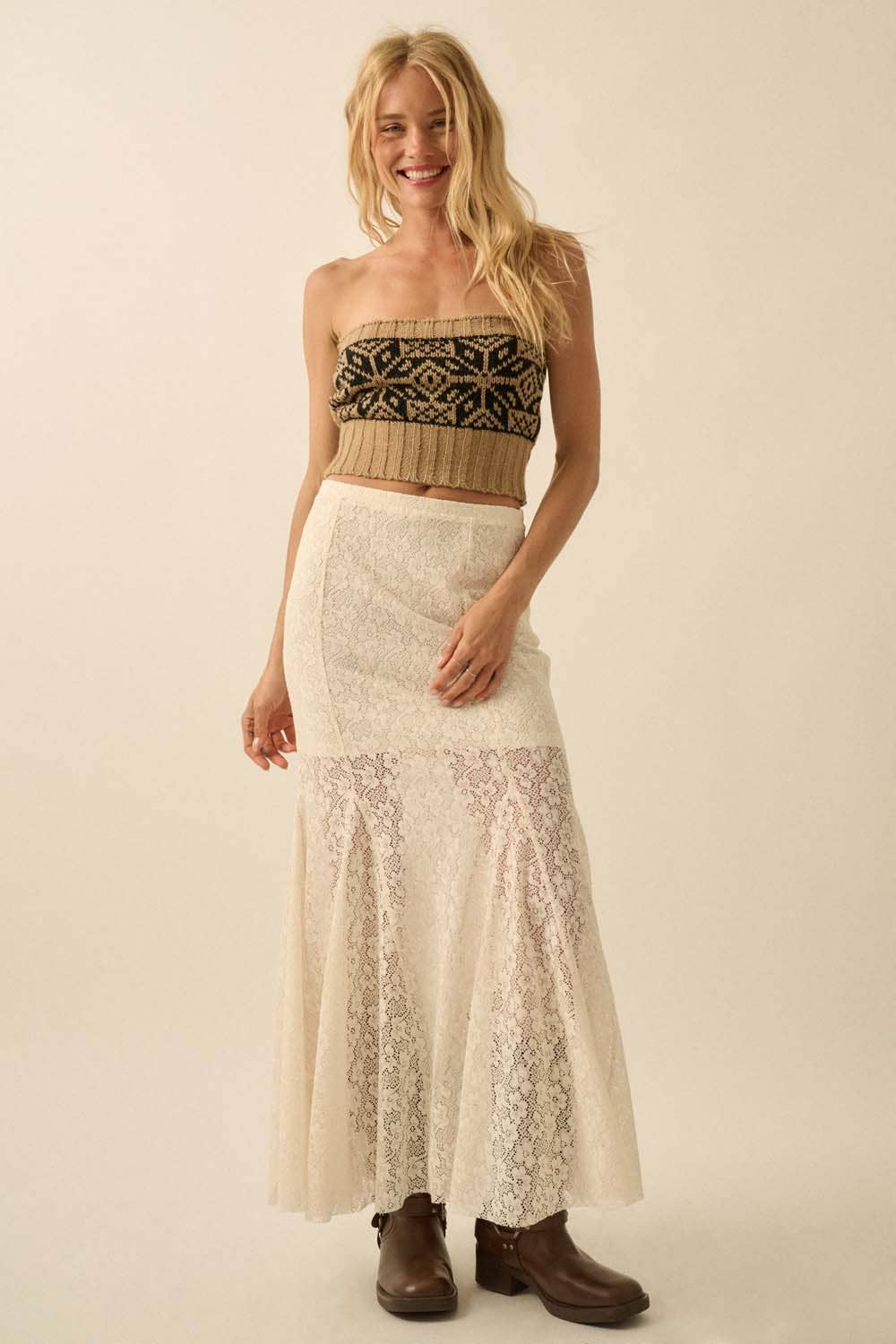 Floral Crochet Lace Fitted Mermaid Maxi Skirt: Black / FSB0126