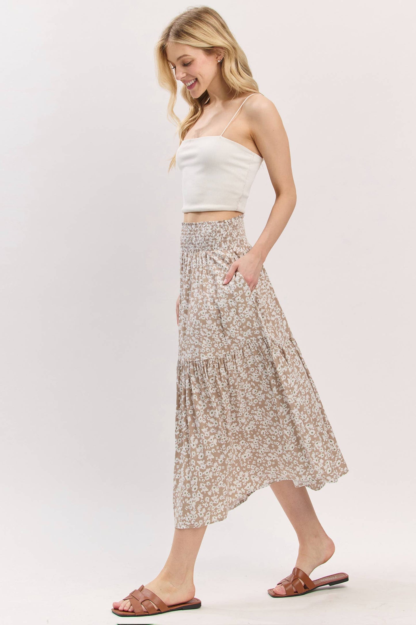 Print Tiered Midi Skirt - VS3533A: Taupe