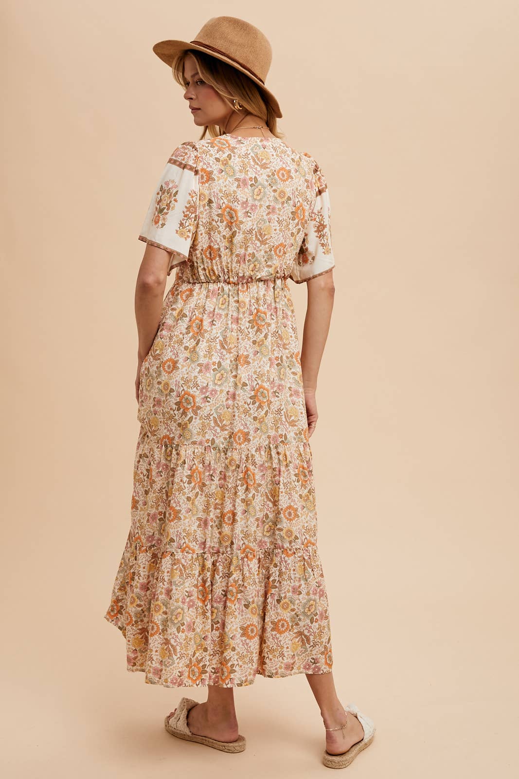 BORDER PRINT BUTTON FRONT MIDI DRESS: DUSTY BLUE / ILD4971-A