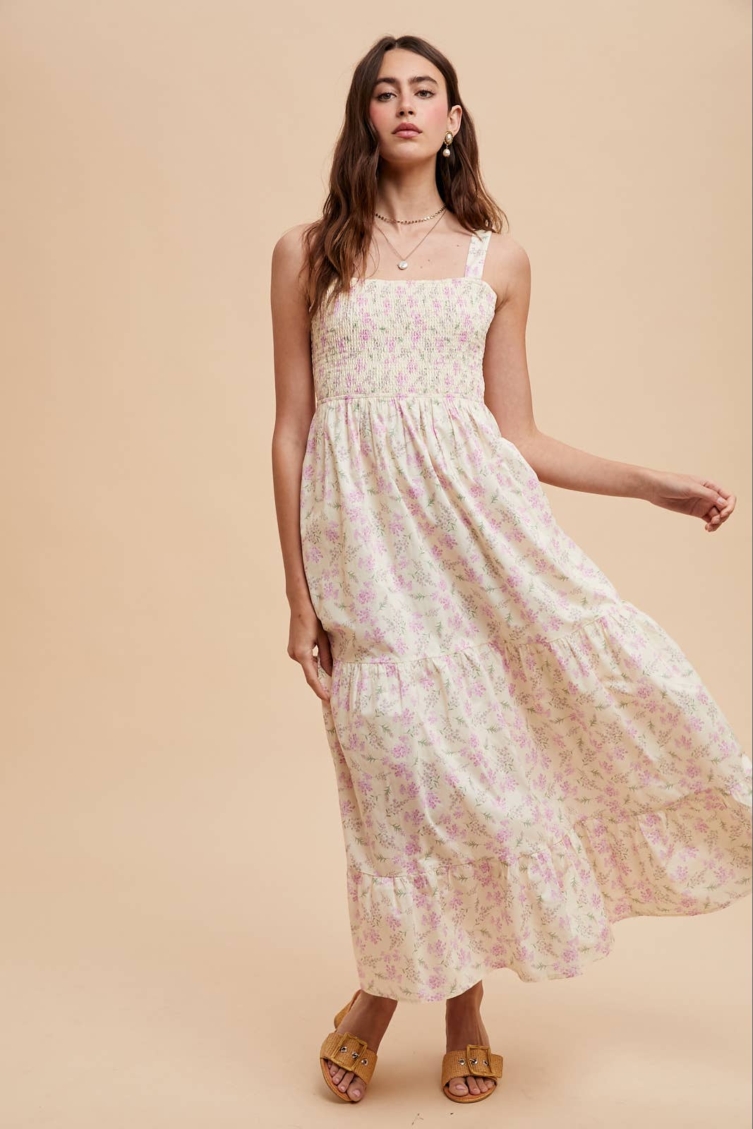 SMOCKED COTTON FLORAL MAXI DRESS: FRENCH BLUE / ILD6312-A