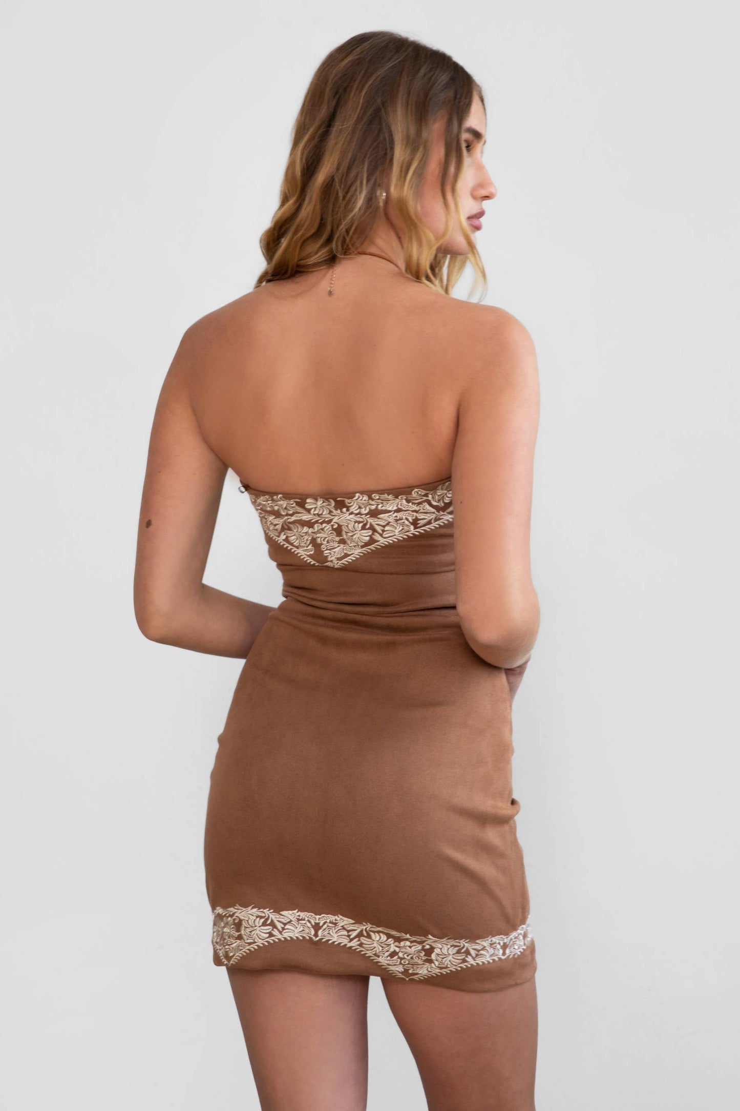 LAREDO Embroidered Suede Mini Dress: Brown / DA31077-LAREDO-BROWN