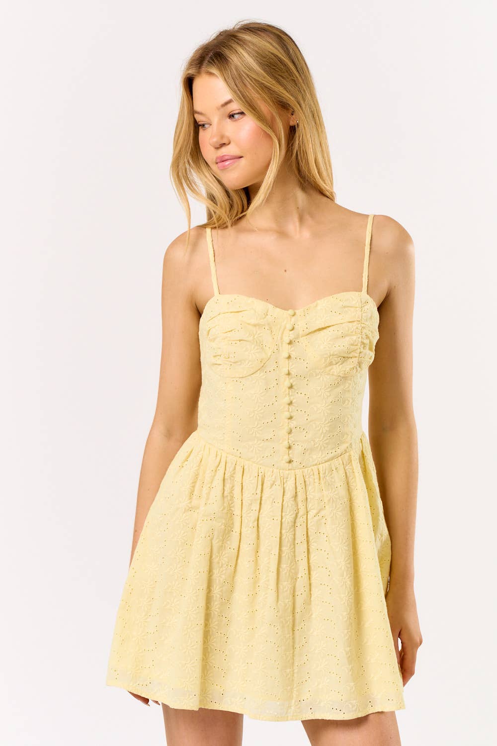 IBD33746 COTTON EYELET SWEETHEART MINI DRESS: Yellow