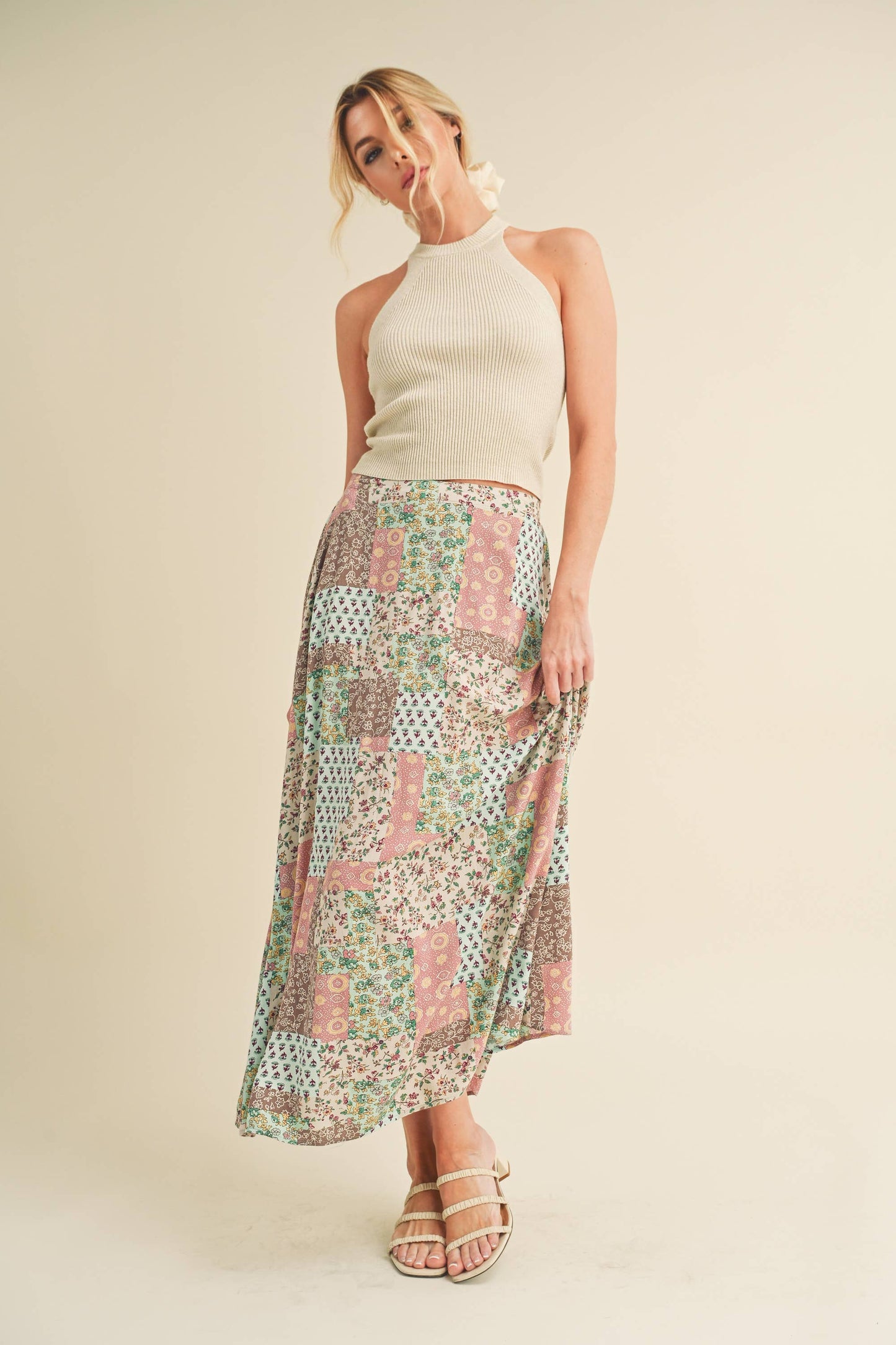 773DN-C6 Bradyn Patchwork Print Skirt / Mint/Pink