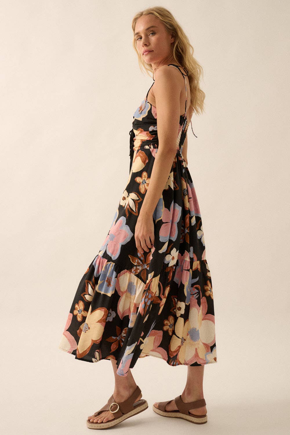 Textured Floral-Print Tie-Front Ruffle Midi Dress: CREAM / NDC2208C
