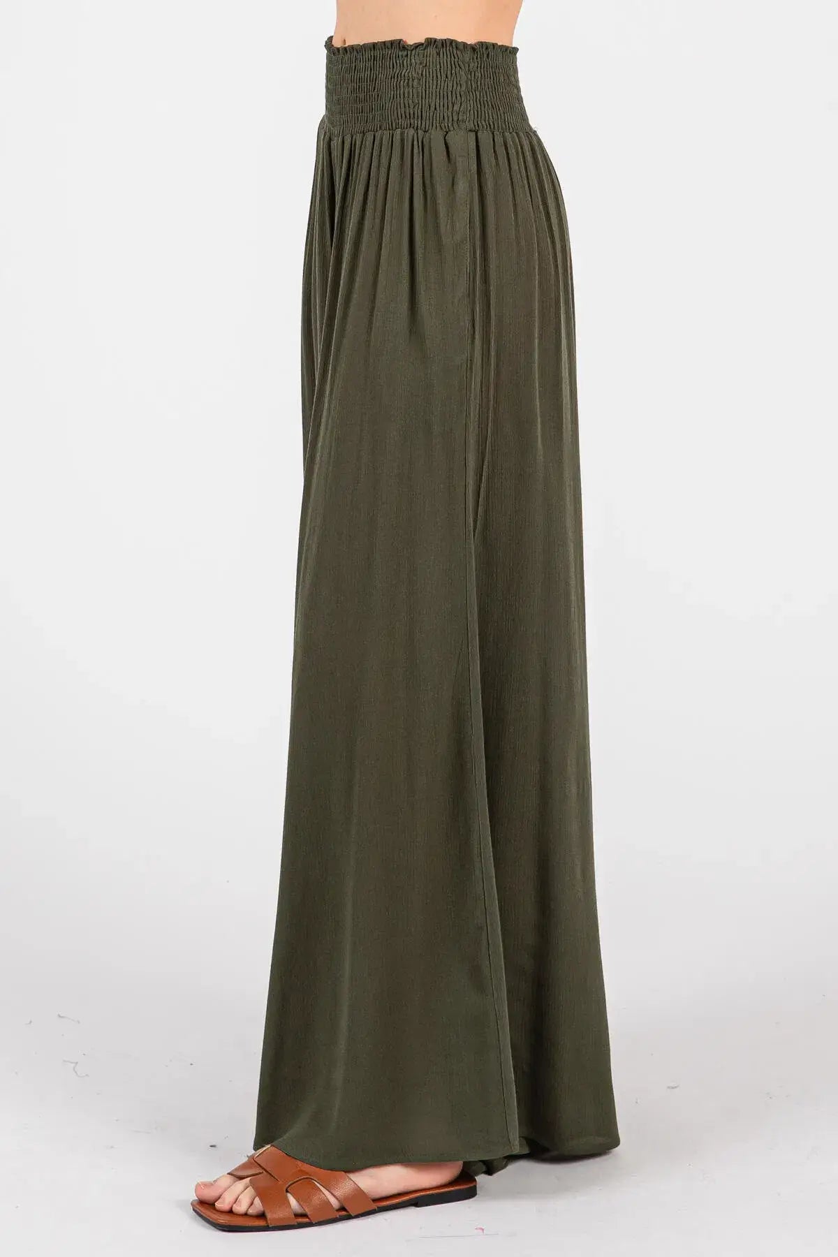 Smocked Waist Wide Leg Pants - NP16530Y: Military Green