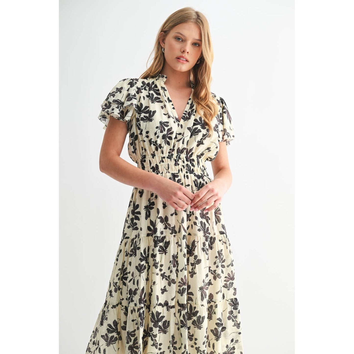 FLOWER PRINT RUFFLE SLEEVE MIDI DRESS: Ivory / FD68025