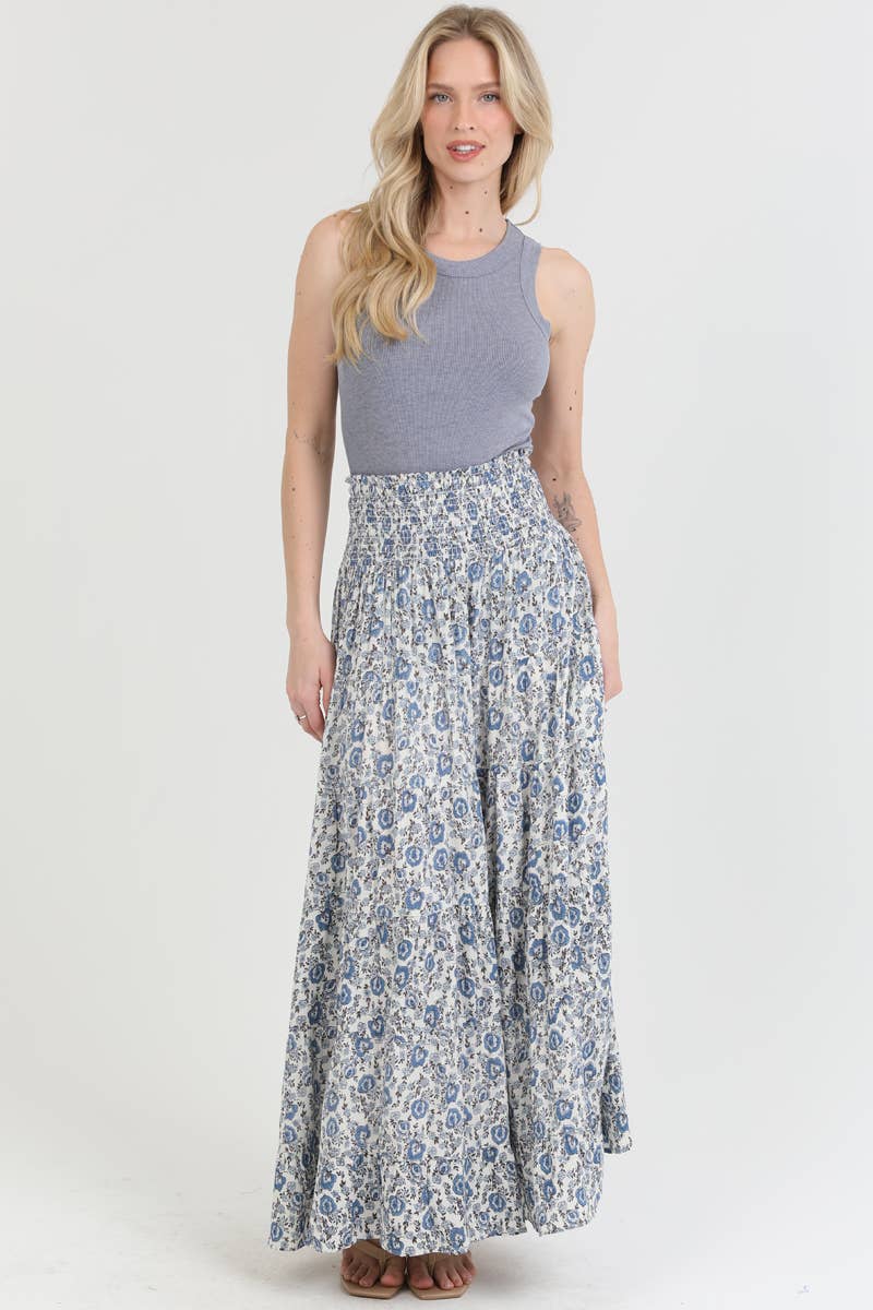 26P57-FR44 TIERED A LINE MAXI SKIRT WITH SMOCKED WAIST