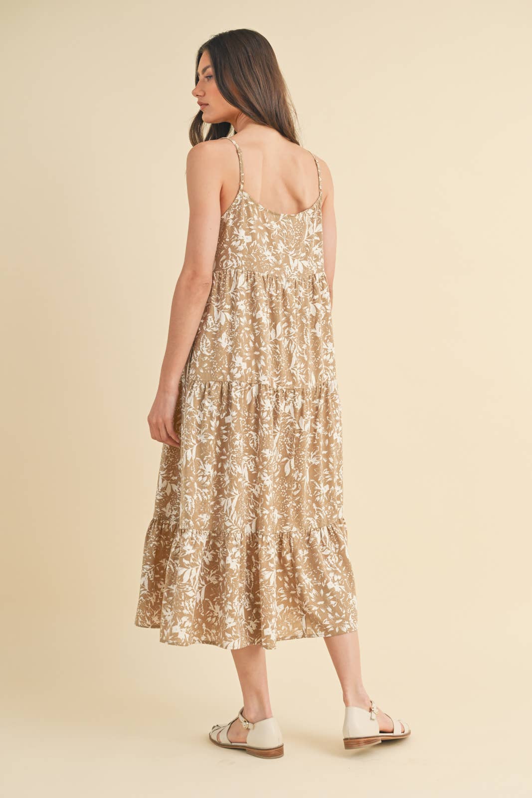 FLORAL TIERED MIDI DRESS WITH SELF FRONT TIE / WL24-9472: CAMEL
