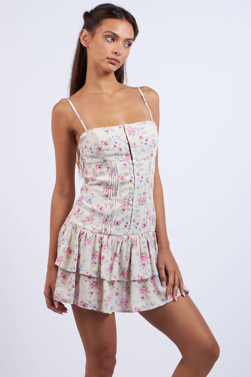 BLUE-PINK FLORAL HOOK&EYES LAYERED MINI DRESS: Berries Floral / SM-D20748F