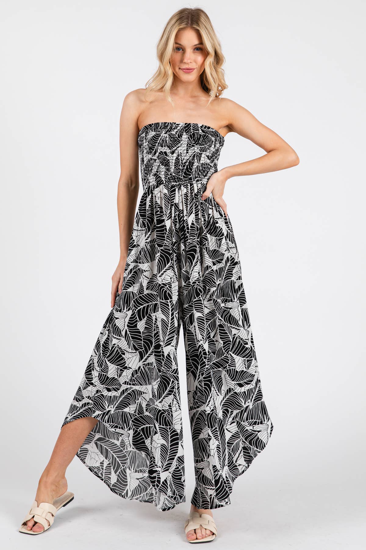 Print Smocked Detailed Off Shoulder Jumpsuit - NJU60429D: Black