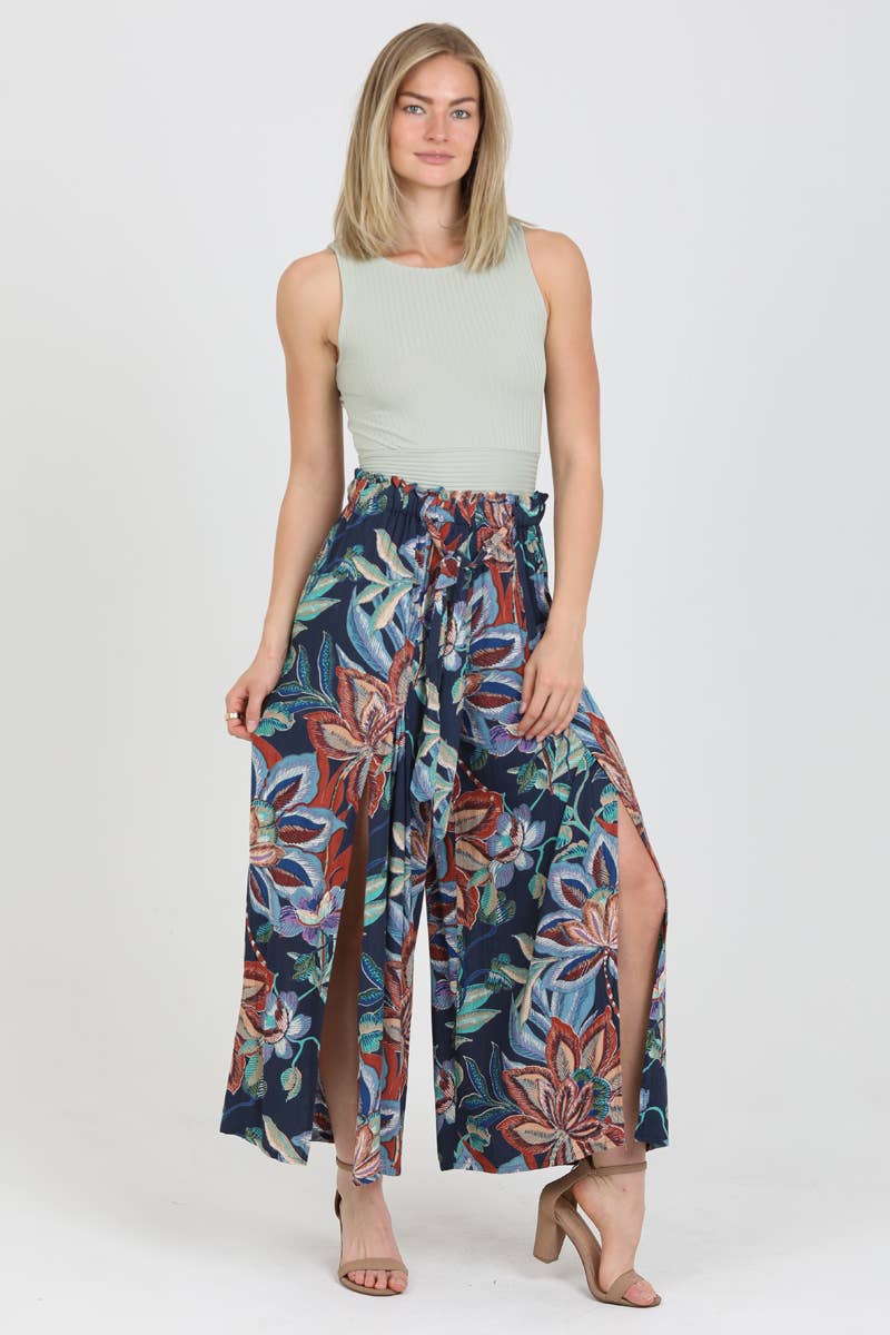 25P63-FQ60 WIDE LEG PANTS WITH TIE WAIST AND FRONT SLITS