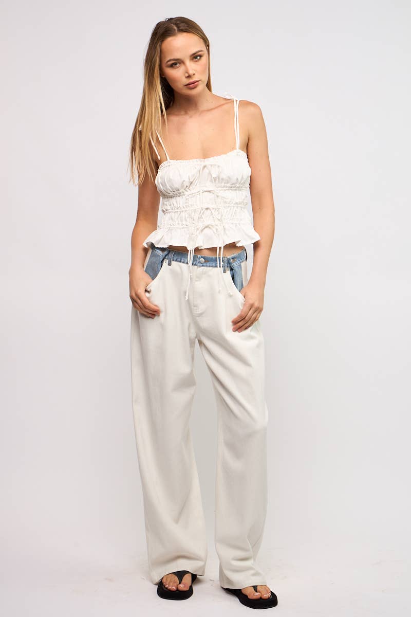 SOLID RUFFLE TRIM RUCHED TIERED TIES CROP TOP: Baby Blue / SM-T10362A