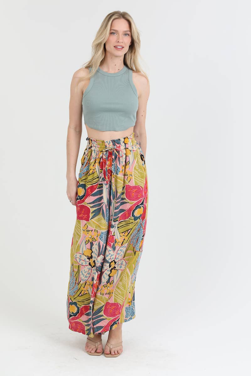 25T20-A865 TROPICAL PRINT WIDE LEG SMOCKED WAIST PANTS