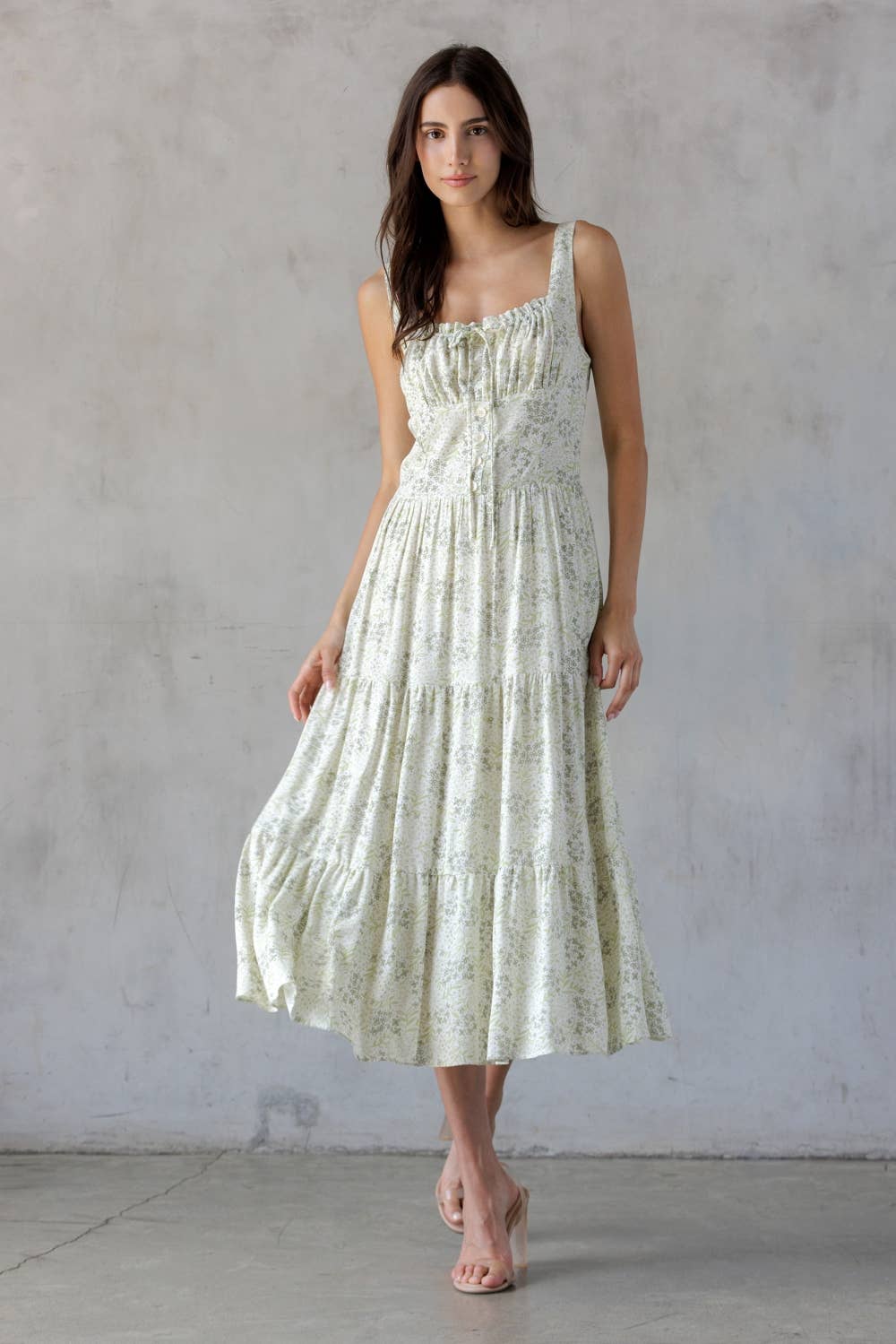 SDJD6374-1-SLEEVELESS FLORAL PRINT MIDI DRESS: IVORY/GREEN