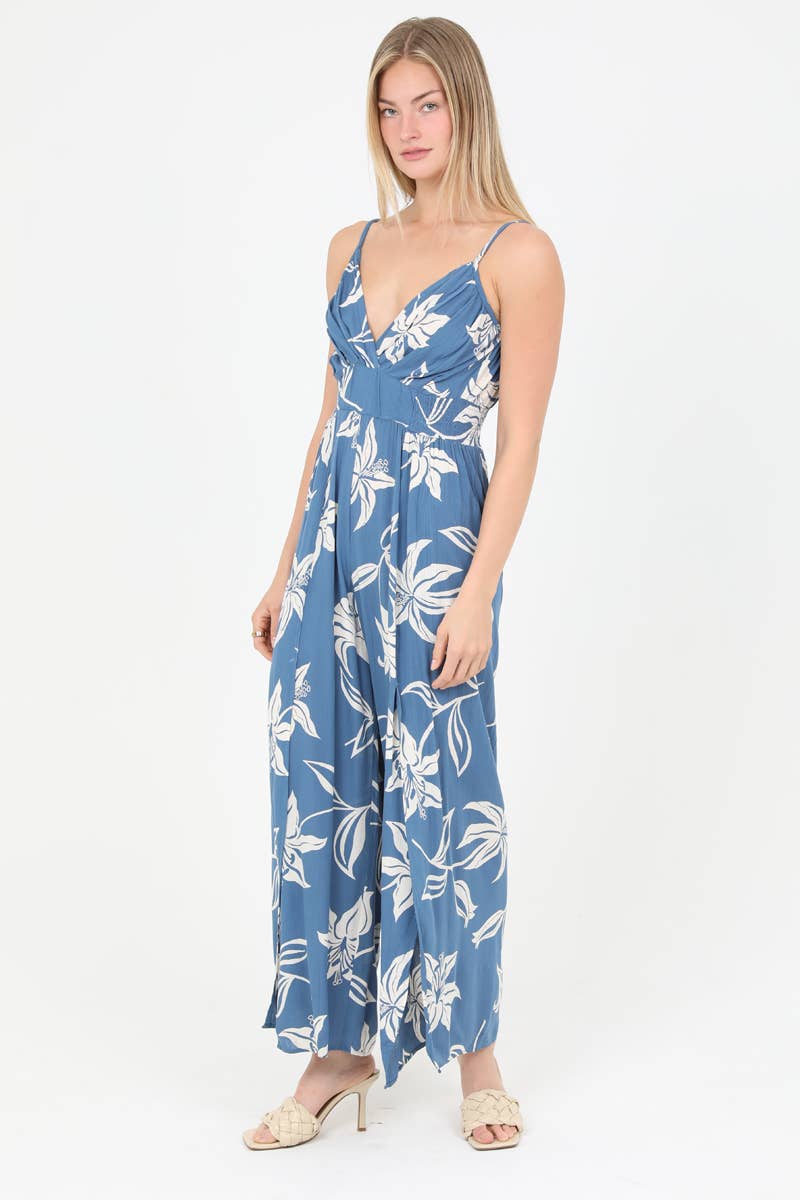 B5957-W921 V NECK SLIT LEG JUMPSUIT FLORAL PRINT: Blue