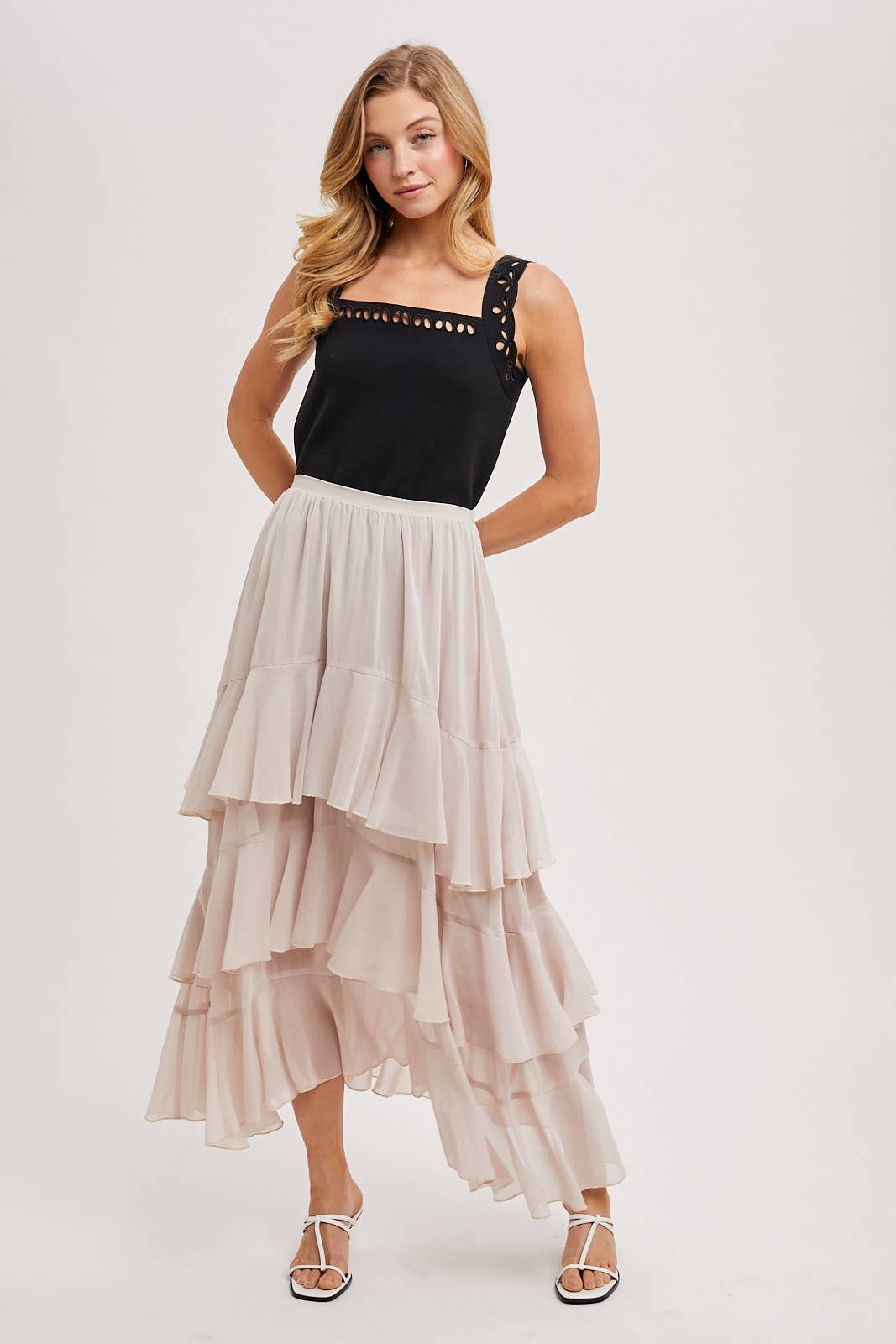 TIERED RUFFLE MAXI SKIRT WITH LINING: Black B02722
