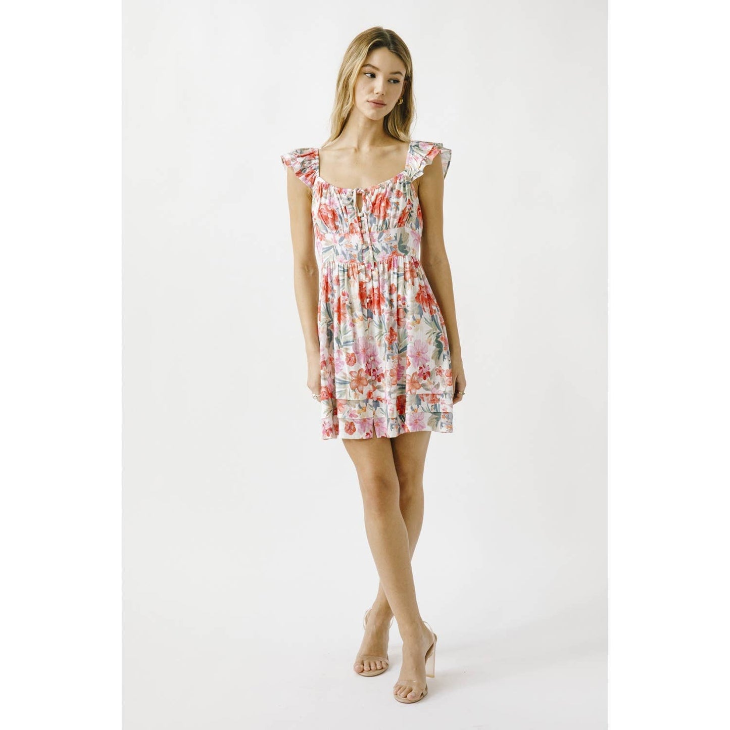 JD6057-1- WARM MULTI COLORED FLORAL A-LINE MINI DRESS: WHITE/MULTI FLORAL