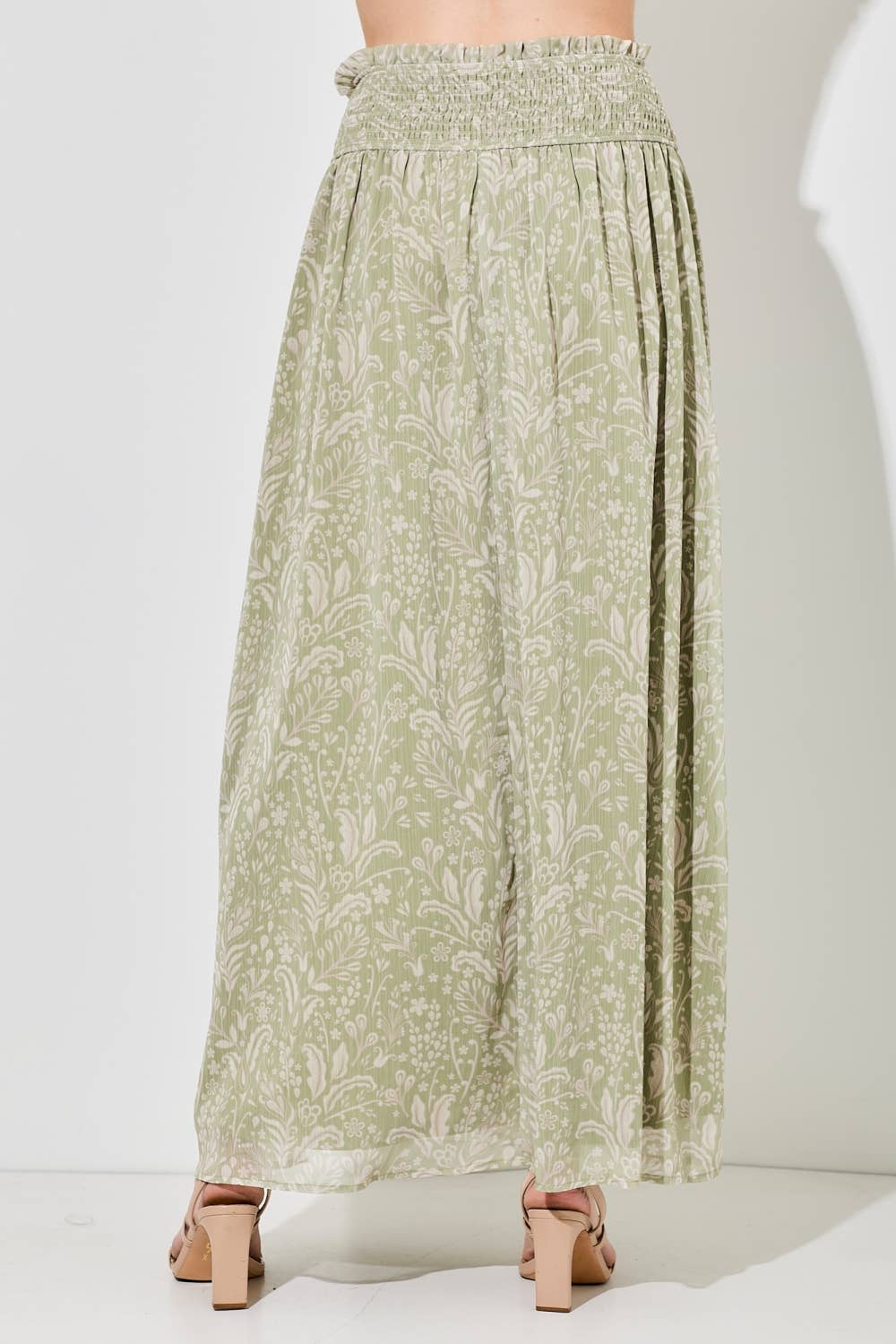 PRINTED BUTTON UP MAXI SKIRT W SLIT: LT SAGE