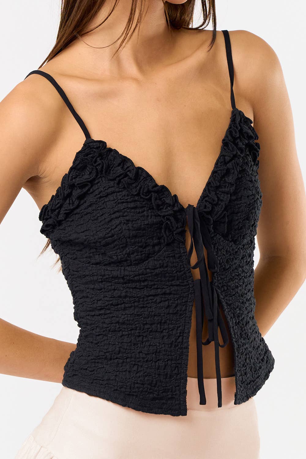 IBT32203 TEXTURED TIE FRONT TANK TOP: Black
