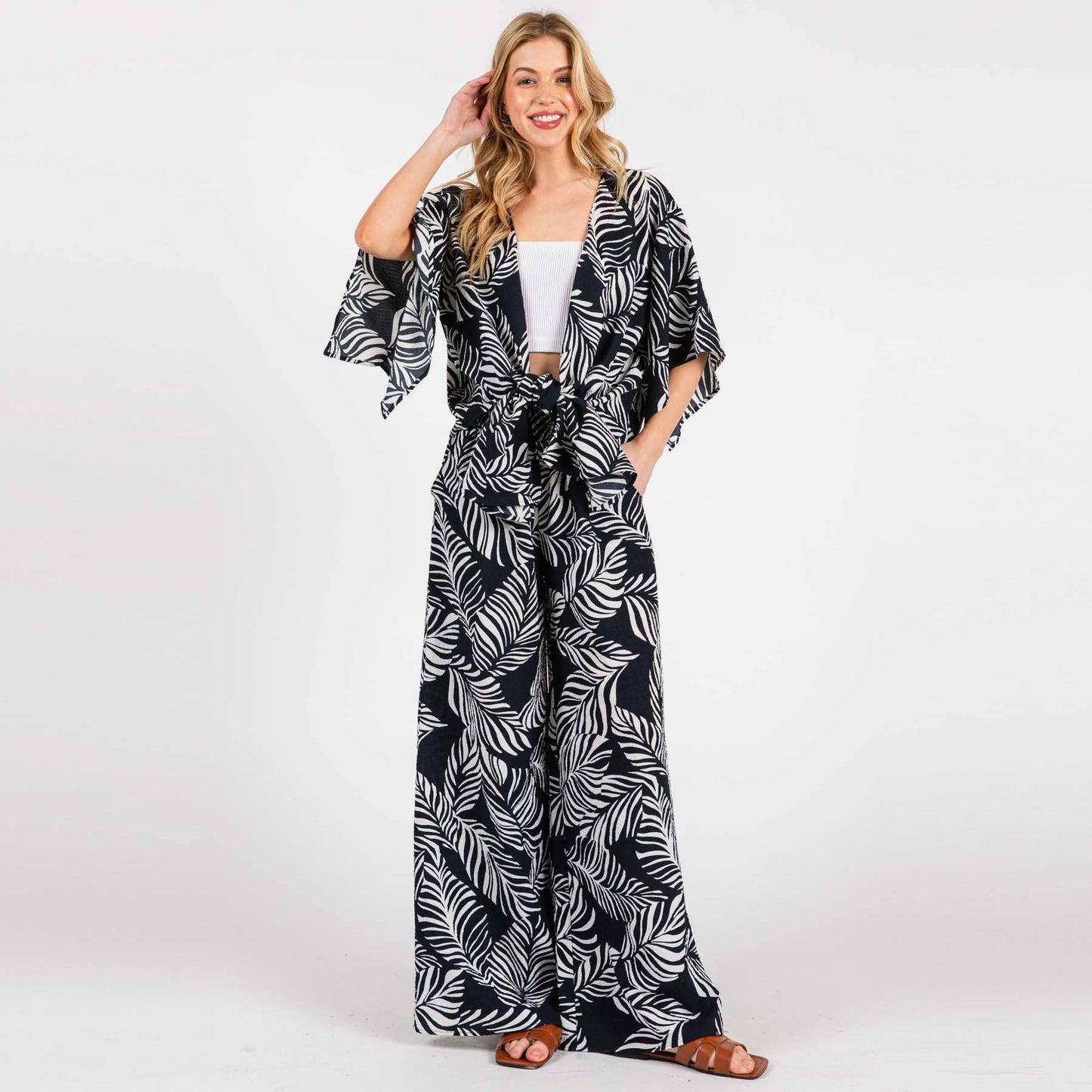 Print Wide Leg Pants - VNP70263B6: Navy/ White