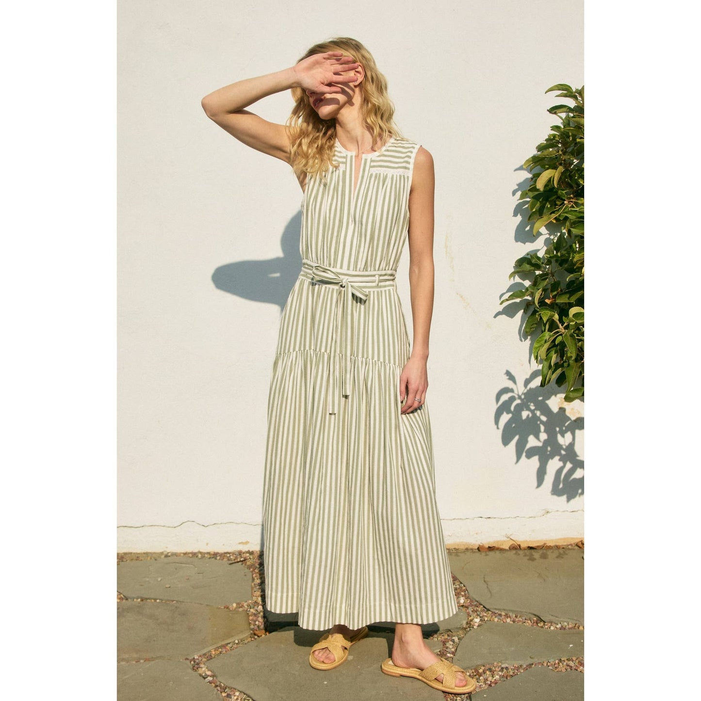 Striped Split Neck Lace Inset Maxi Dress: SAGE CREAM / FD12683-CP508