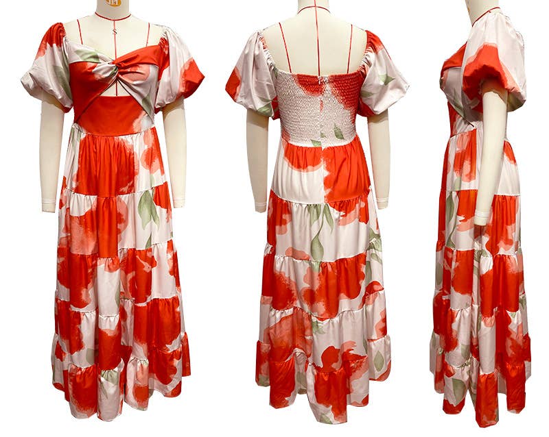 Puff off the shoulder twist floral prairie maxi dress: Yellow / RCJY00262-Yellow