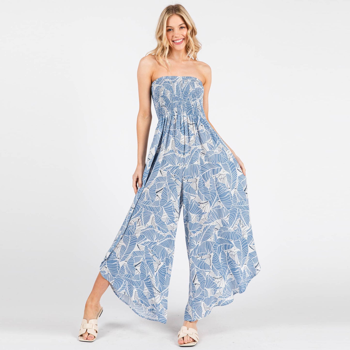 Print Smocked Detailed Off Shoulder Jumpsuit - NJU60429D: Black