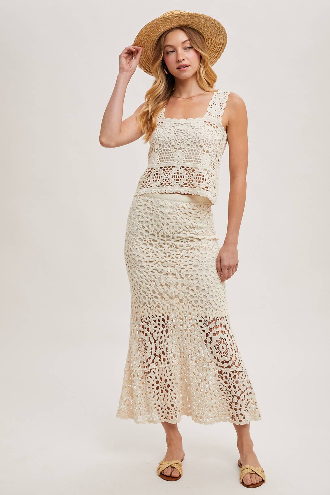 CROCHET MIDI SKIRT WITH LINING: NATURAL / B02609