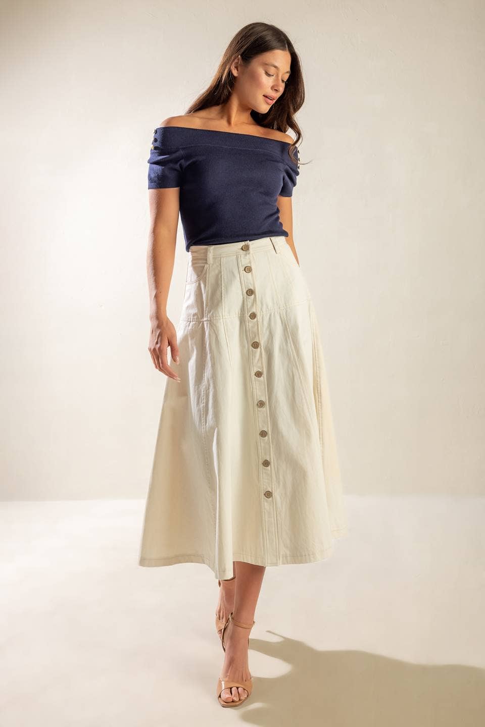 A solid woven A line midi skirt - FK1148: ECRU