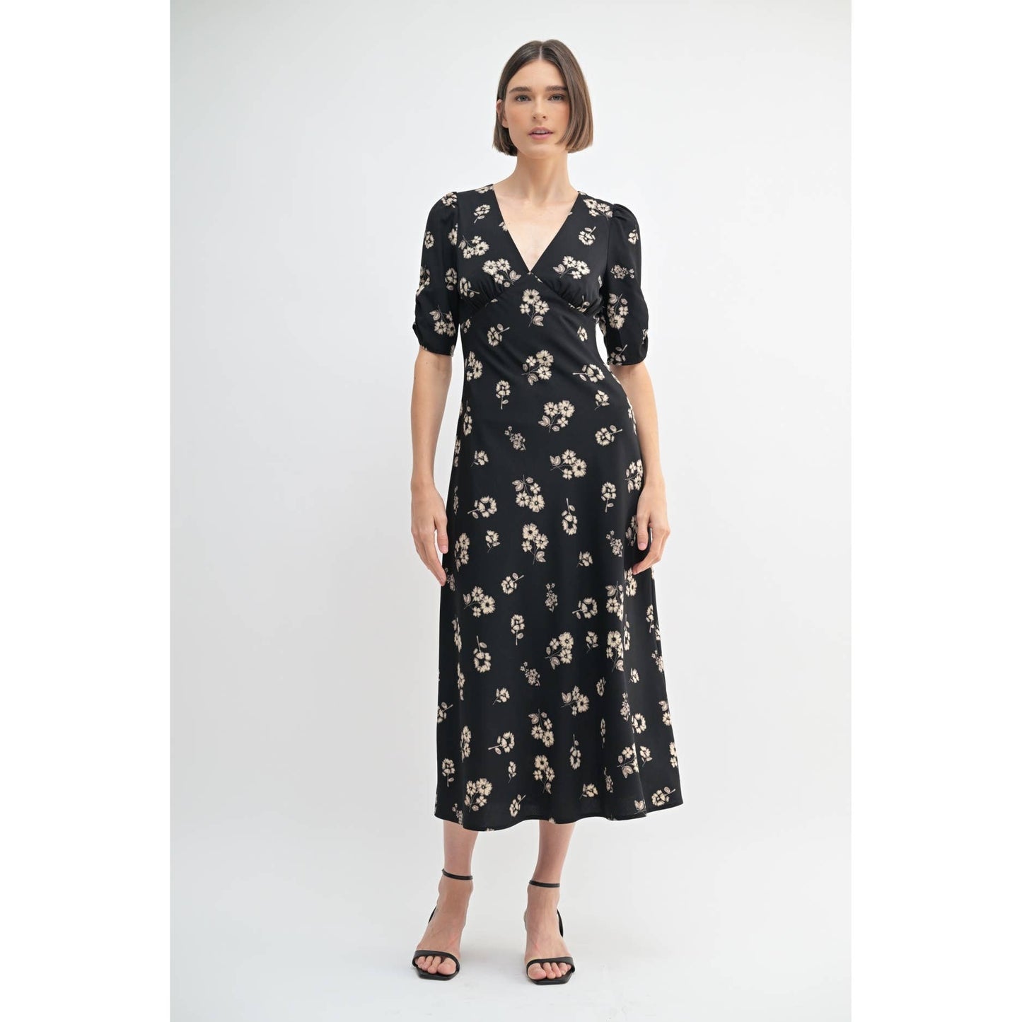 FLOWER PRINT V NECK MIDI DRESS: Black / FD68112_1