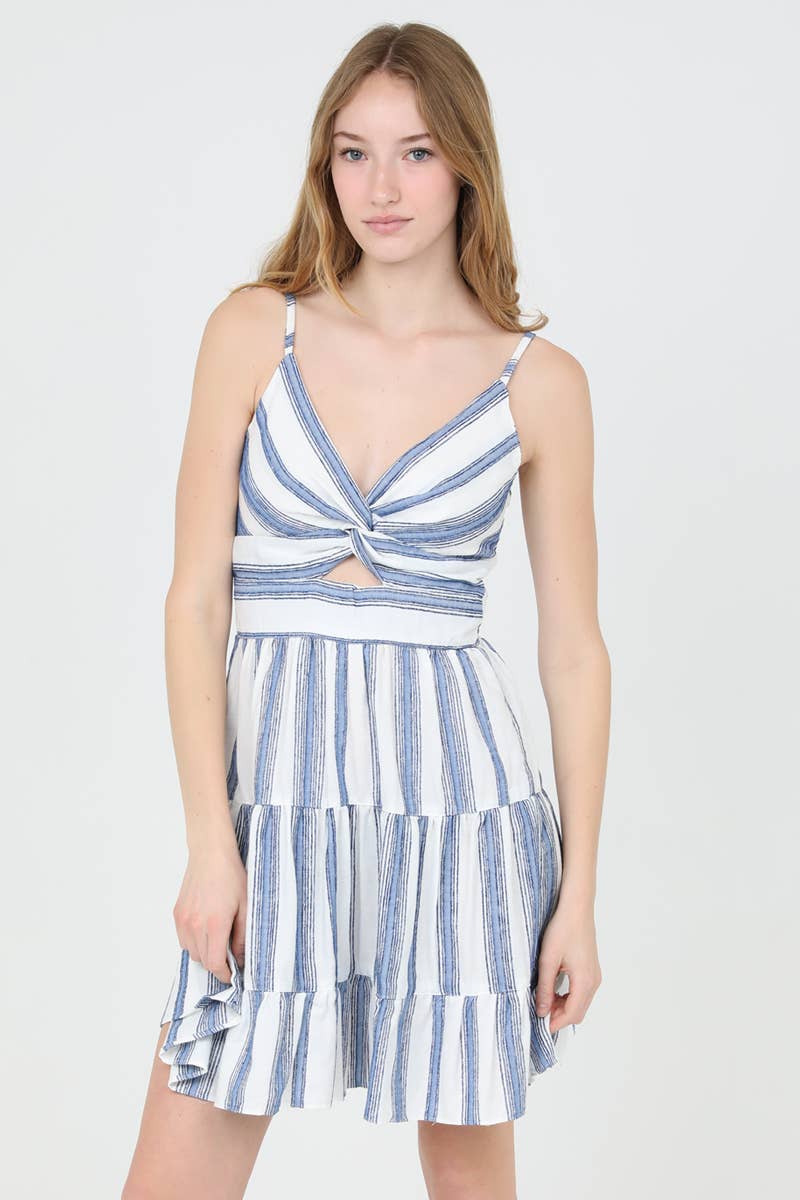 C4143-PAN51 STRIPED V NECK TWIST FRONT CUT OUT SUNDRESS