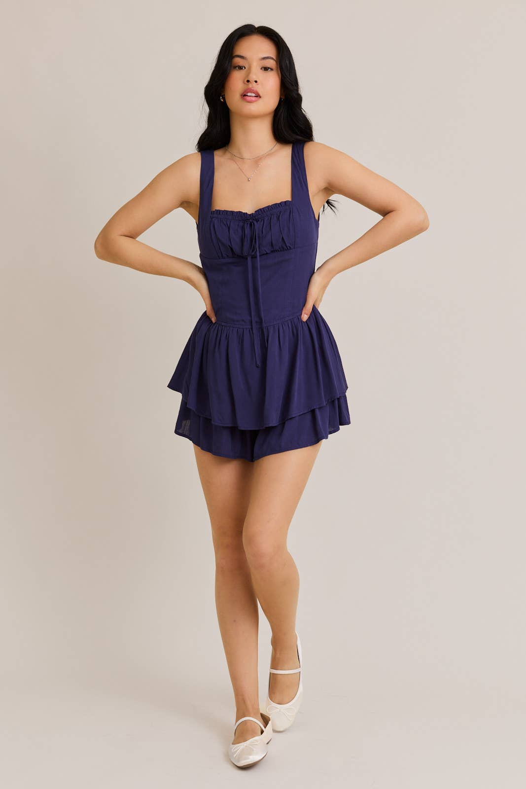 SLEEVELESS ROMPER WITH SMOCKING BACK AND SIDE ZIPPER: NAVY / PM6210
