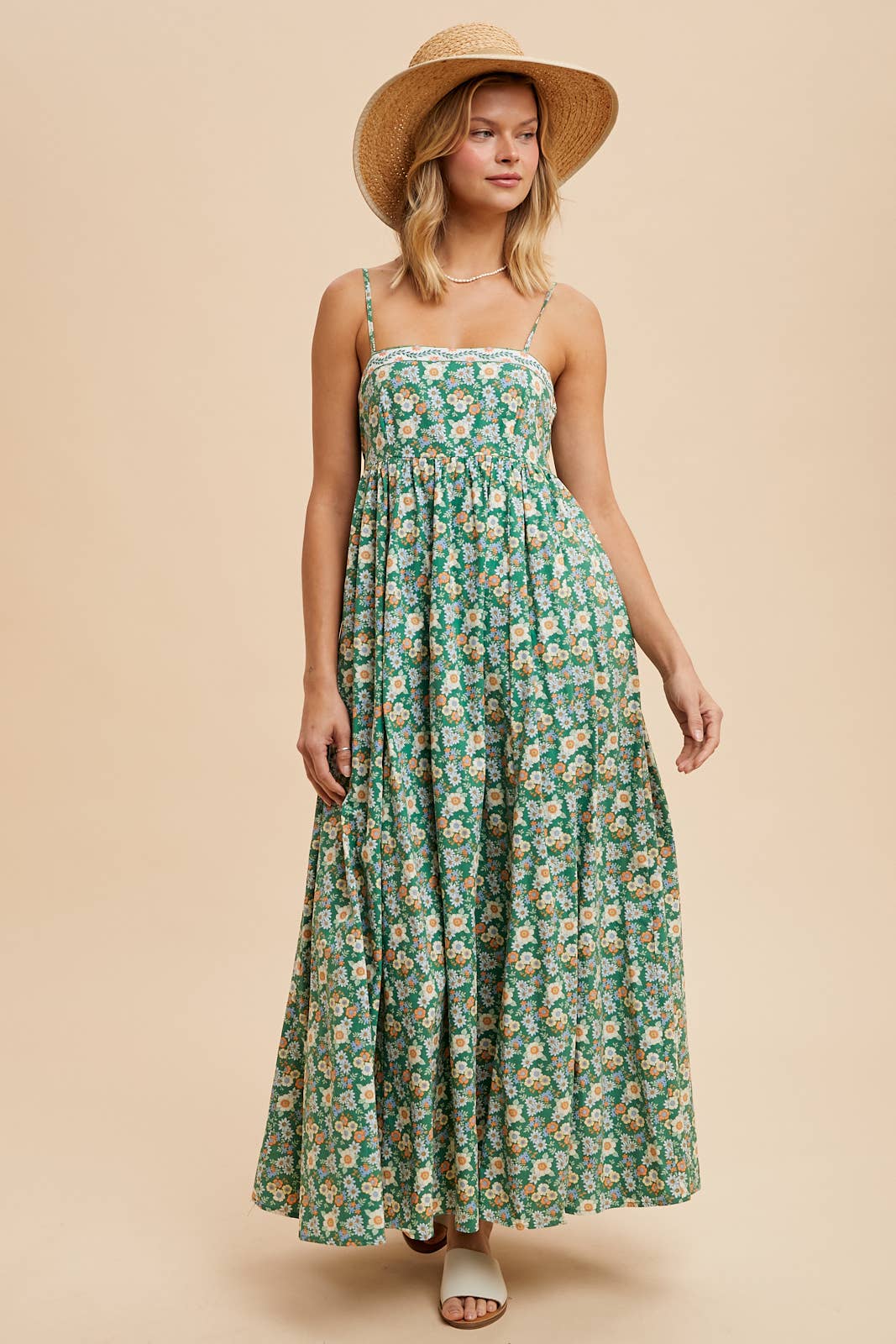 EMBROIDERED COTTON PRINT MAXI DRESS: GREEN FLORAL / ILD5705