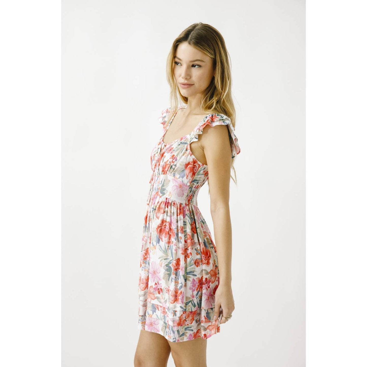 JD6057-1- WARM MULTI COLORED FLORAL A-LINE MINI DRESS: WHITE/MULTI FLORAL
