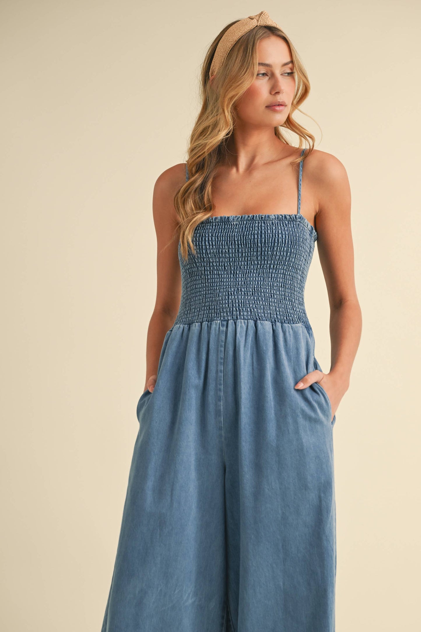 IJP3036 SMOCKED SPAGHETTI STRAP WIDE LEG JUMPSUIT : DENIM