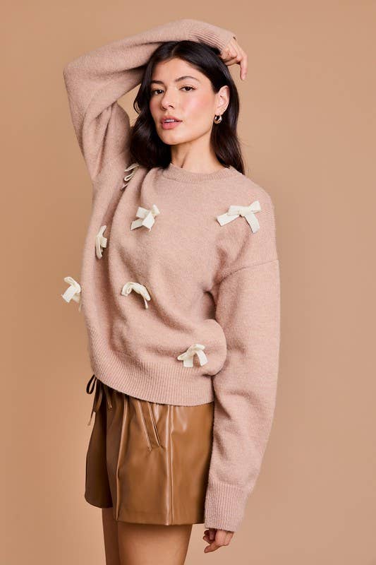 Round Neck Long Sleeve Bows Sweater: Taupe-cream / MWT7241G
