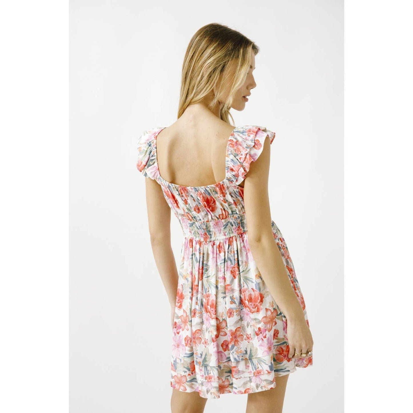 JD6057-1- WARM MULTI COLORED FLORAL A-LINE MINI DRESS: WHITE/MULTI FLORAL