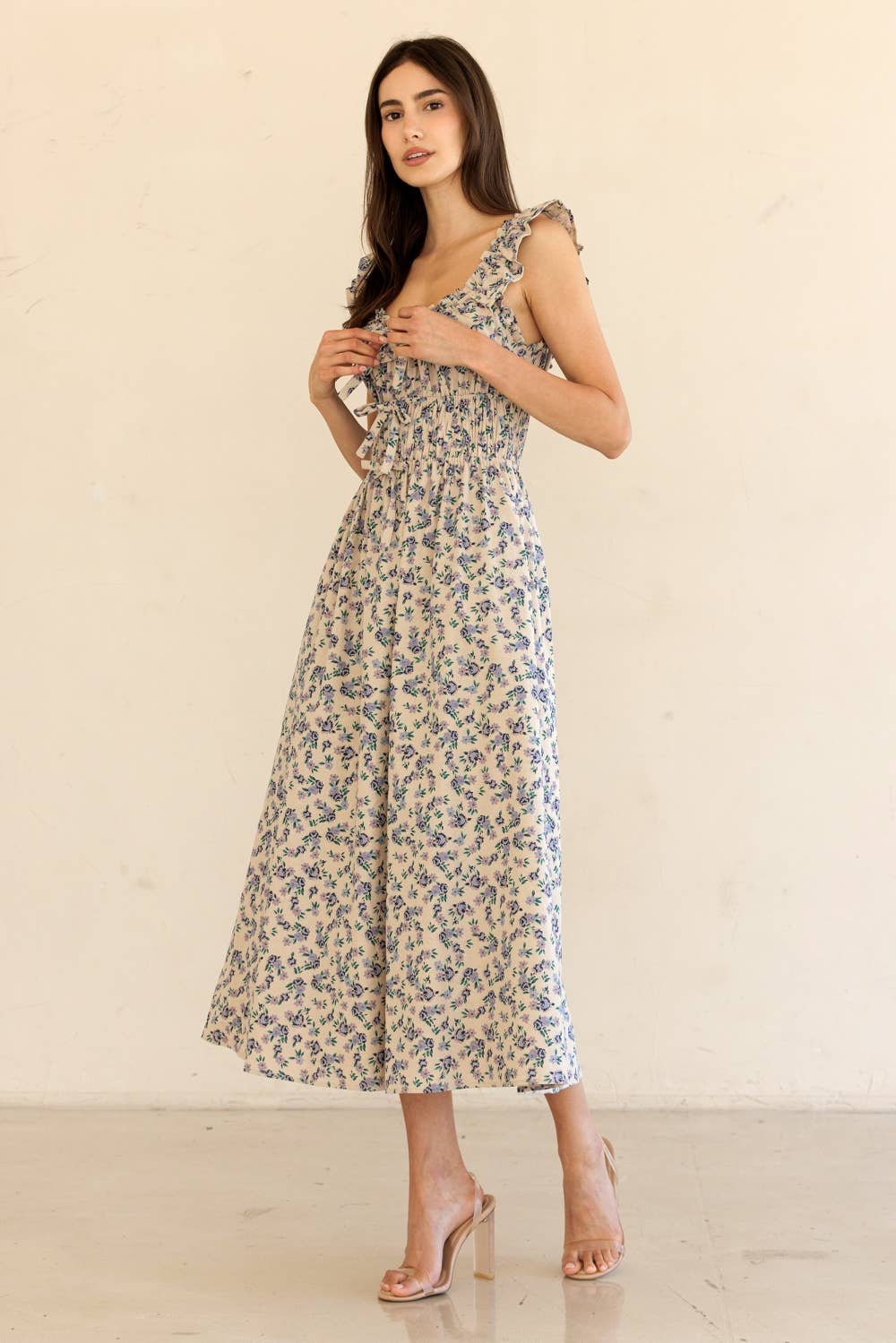 JD9158-RUFFLED SHOULDER MIDI DRESS: BEIGE