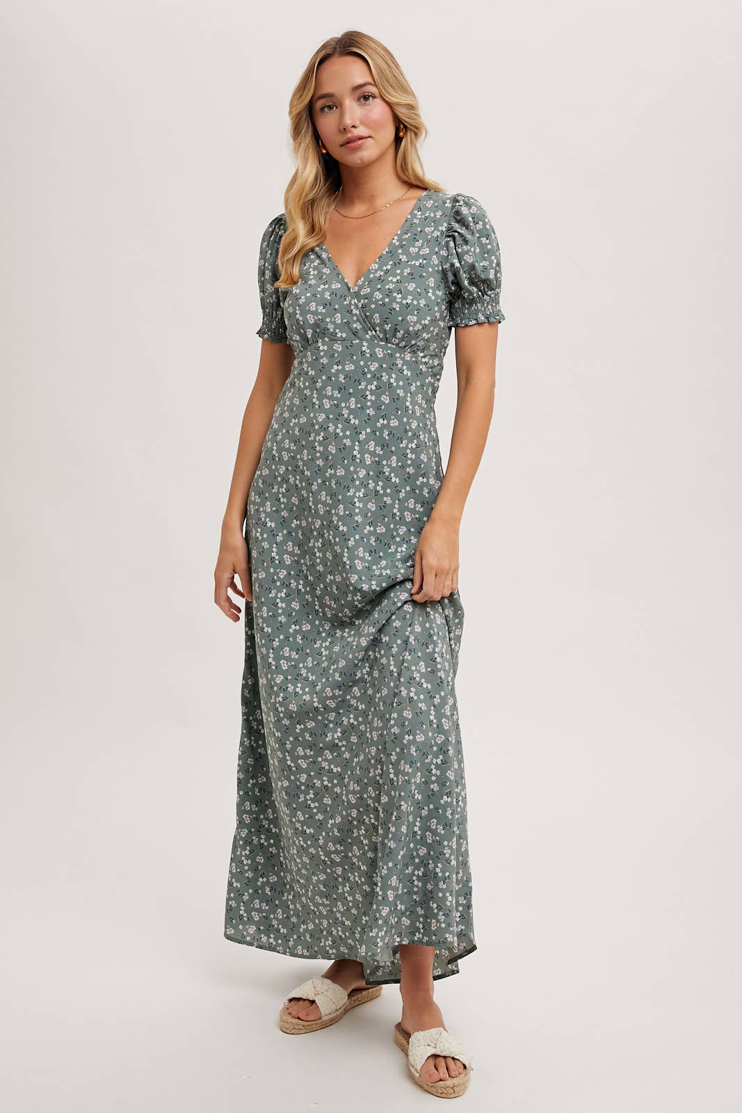 BOHO FLORAL PRINT V-NECK MAXI DRESS: Black / D02087