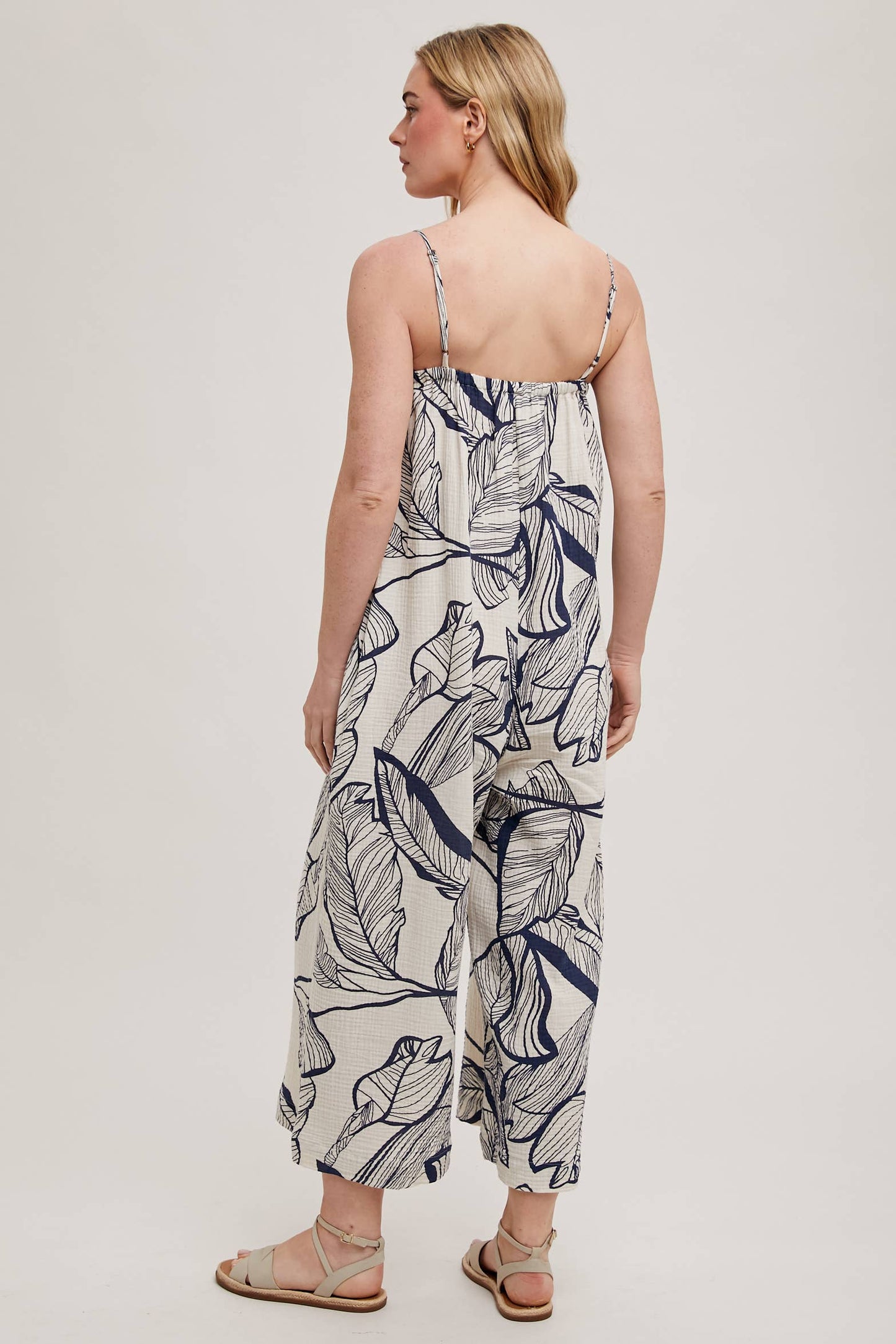 GAUZE LEAF PRINT JUMPSUIT: IVORY/NAVY/ FD66067