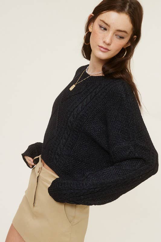 MT1506 CREWNECK CABLE-KNIT LONG SLEEVE CROPPED SWEATER: Brown