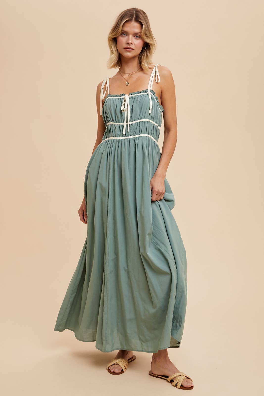 COTTON BLEND CONTRAST TRIM MAXI DRESS: BUTTERCREAM / ILD5742