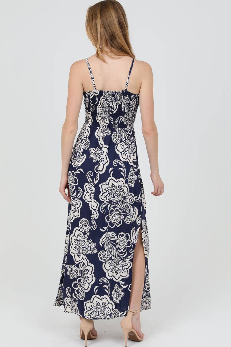 F4B48-A888 V NECK TWIST FRONT MAXI DRESS WITH SIDE SLITS