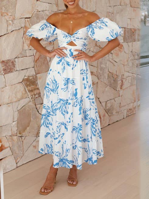 Puff off the shoulder twist floral prairie maxi dress: Yellow / RCJY00262-Yellow