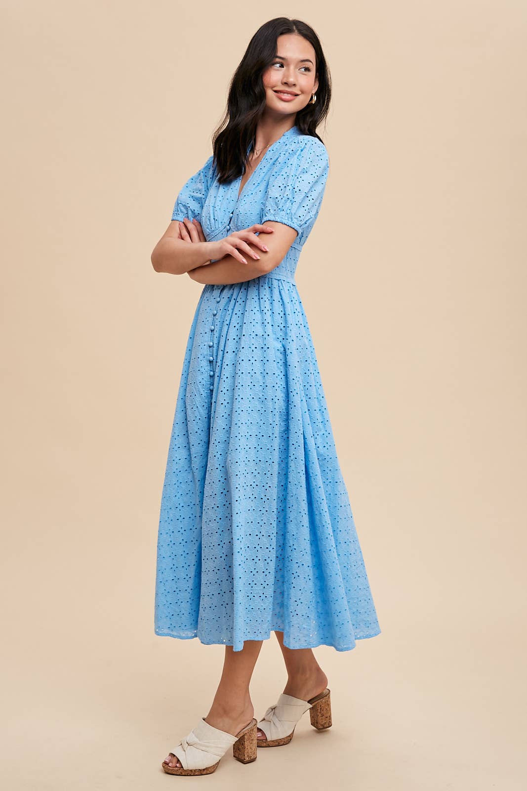COTTON EYELET BUTTON DOWN DRESS: LEMON WATER / ILD5399