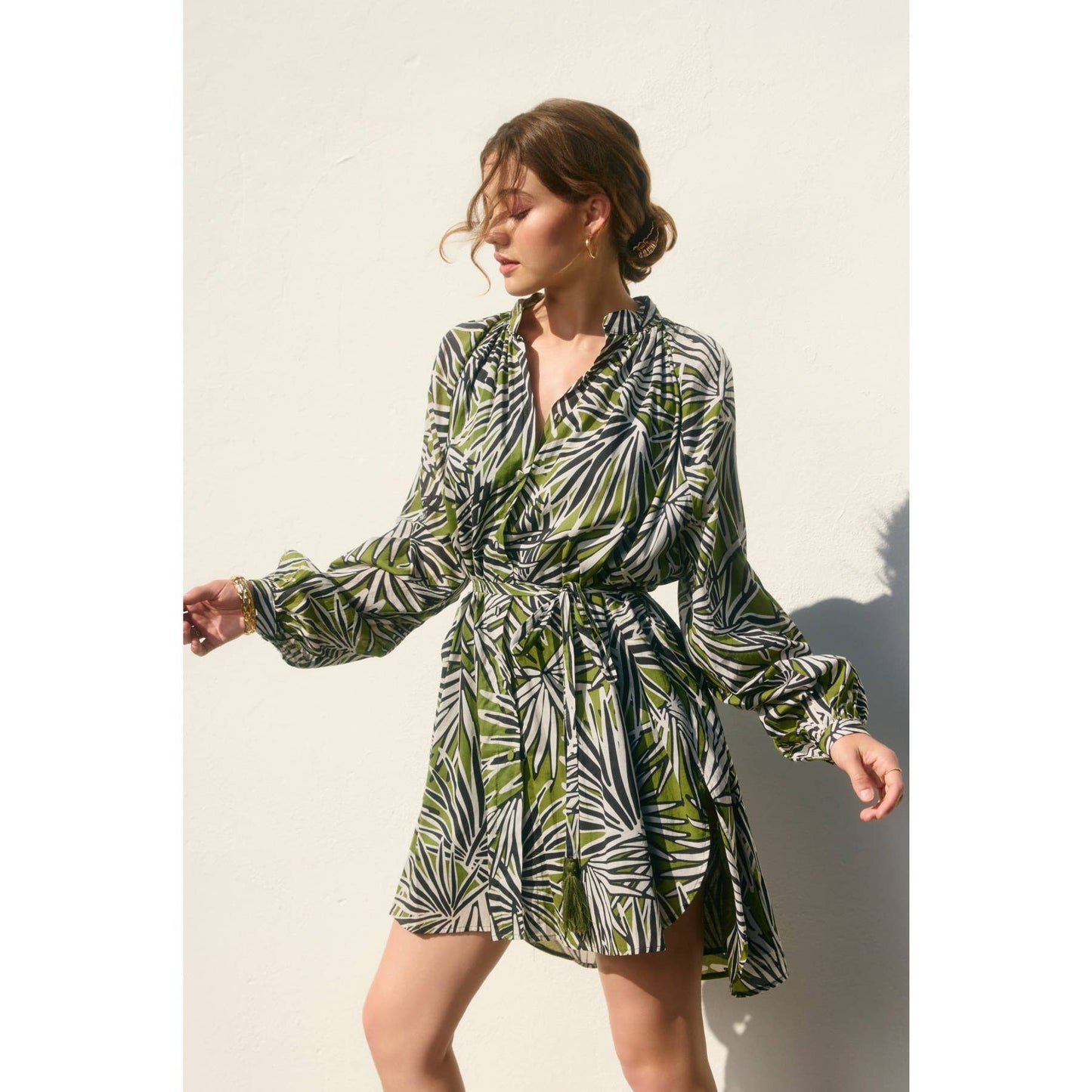 Drifting Dreams Bubble Sleeve Shirt Dress : BANANA PALM / FD12172-P1706_2