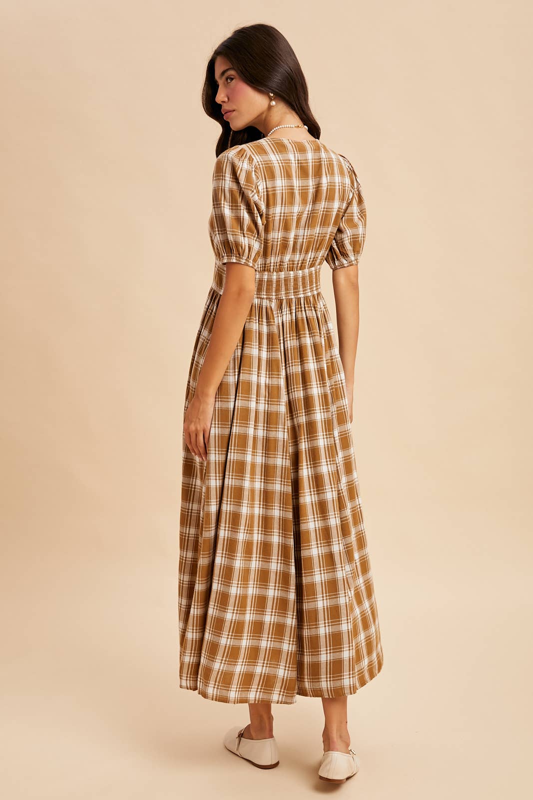 PLAID BUTTON DOWN MAXI DRESS: CHESTNUT / ILD6400