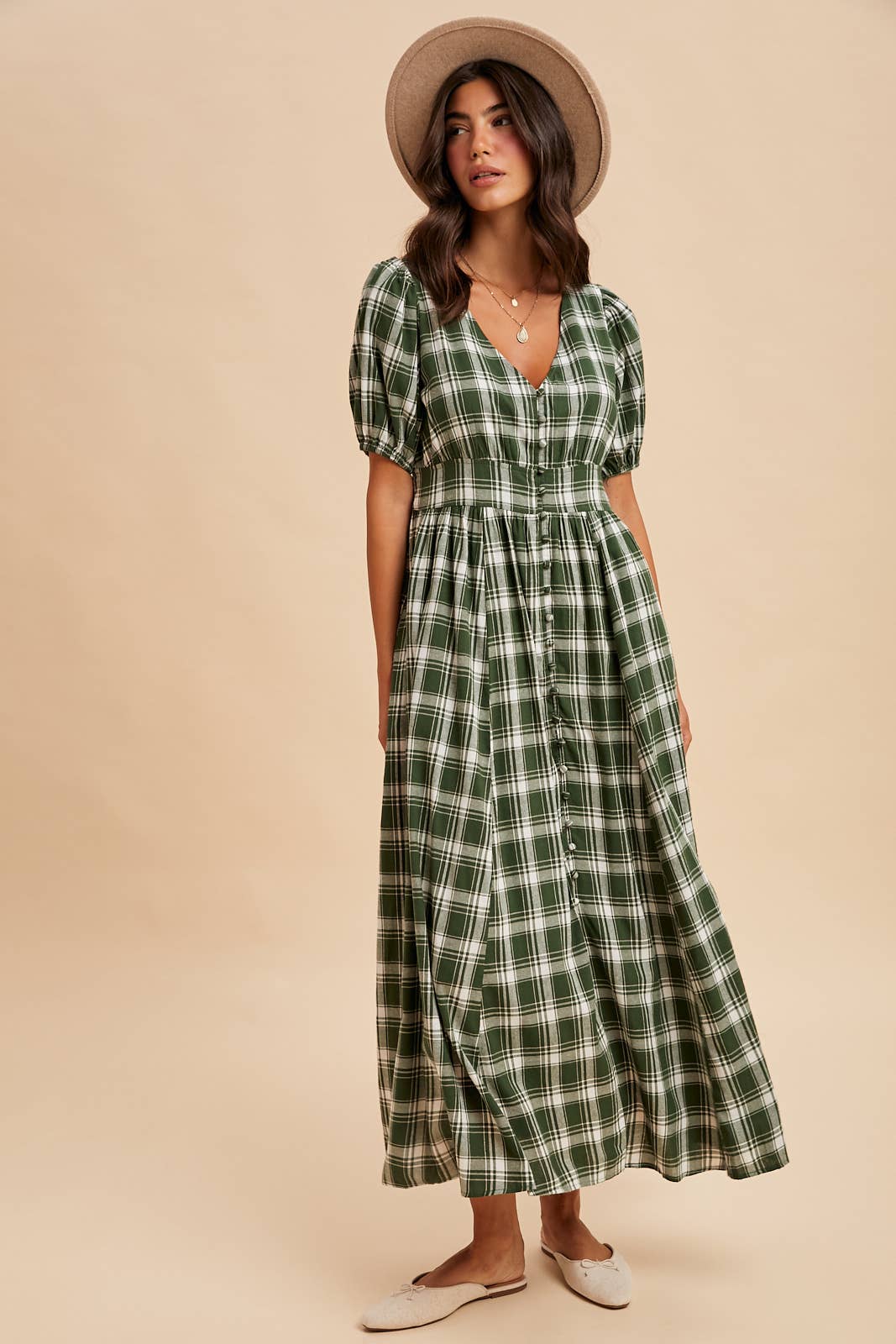 PLAID BUTTON DOWN MAXI DRESS: CHESTNUT / ILD6400